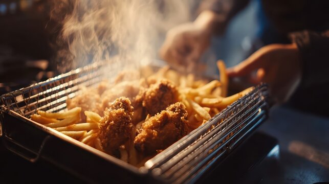 Steaming hot fried chicken and golden fries in a basket evoke classic fast food cravings. The scene highlights crispy textures and irresistible comfort food appeal.