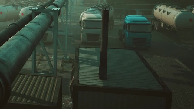 Several trucks are parked in an industrial area near large containers and pipes. Early morning light gives a dim view of the surroundings. The scene shows a busy work environment.