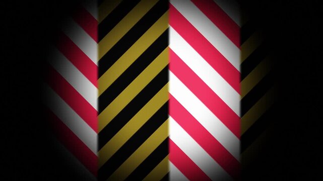 Abstract industrial warning stripes motion background, rotating hazard caution pattern, yellow and red diagonal bar animation