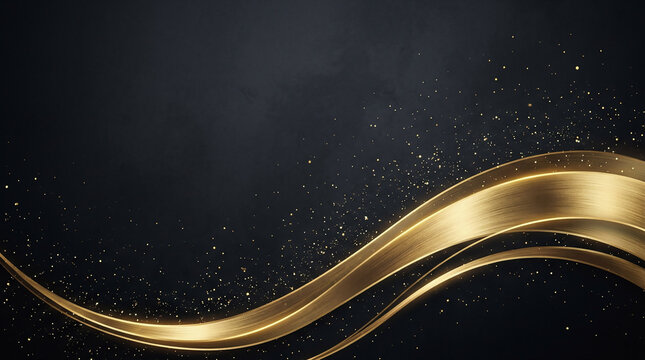 Luxury Elegant Dark Background with Glowing Metallic Gold Waves and Glitter Particles