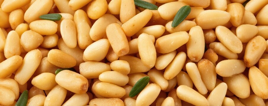 Panoramic close-up shot of pine nuts reveals a soft, textured surface in warm light. Smooth, layered depth and high-end styling make this image perfect for commercial food use.