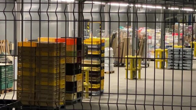 staged rows of stacked plastic crates on pallets and wheeled trolleys photographed through metal security fence in indoor warehouse aisle, crates 