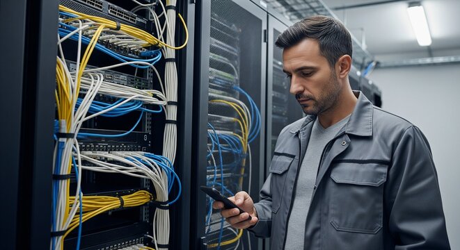 IT technician inspecting network cables and server racks in a data center with a smartphone in hand
