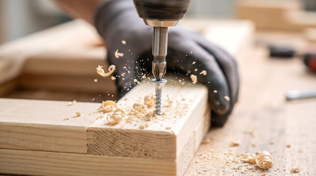 Gloved hand using power drill to drive screw into wooden beam with flying wood shavings in workshop setting capturing precision carpentry work and furniture construction process