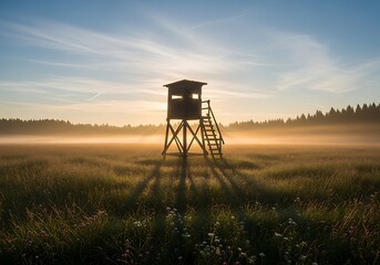 Naklejka premium Hunting Stand Silhouette in a Misty Field at Dawn with Sun Rays