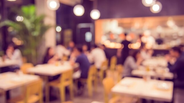 Soft focus interior of restaurant with warm ambient lighting and blurred silhouettes of diners seated at tables for relaxing evening dining atmosphere
