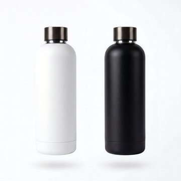 Black and White Matte Reusable Water Bottles Mockup on White Background