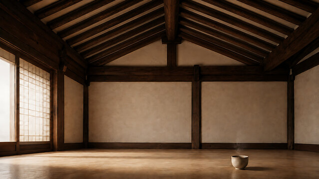 Minimal Korean Hanok Interior with Coffee Cup and Exposed Wooden Rafters