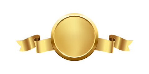 Naklejka premium Gold medal with horizontal ribbon. 3d golden award badge isolated on white. Design element for labels, certificates, prizes, winners, sales, discounts, diplomas. Realistic vector illustration.