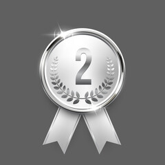 Fototapeta premium Silver medal. Realistic 3D platinum award medal with ribbons, symbolizing second place in sports, competitions, athletic events. Winner emblem, diploma, certificate. Elegant vector illustration.