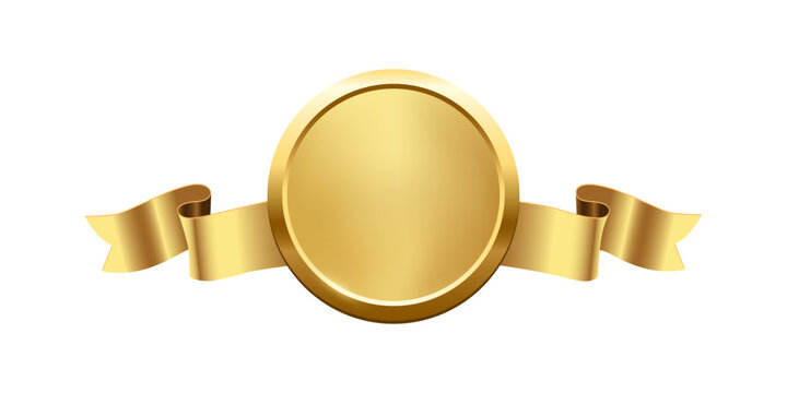 Gold medal with horizontal ribbon. 3d golden award badge isolated on white. Design element for labels, certificates, prizes, winners, sales, discounts, diplomas. Realistic vector illustration.