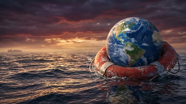 Planet Earth in a lifebuoy floating on stormy ocean water