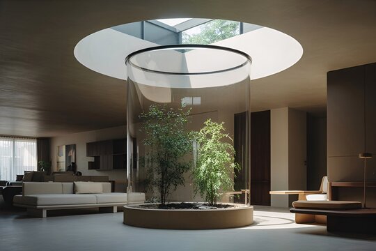 Elegant Residence Living Area Designed with Futuristic Indoor Atrium Garden