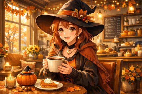 Cute witch enjoying a hot drink and pumpkin dessert in a cozy autumn cafe