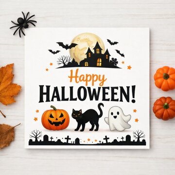 Halloween greeting card with pumpkin black cat ghost moon bats and spooky haunted house