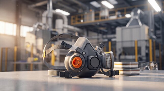 Industrial respirator mask for respiratory protection on a factory workbench. Personal protective equipment with filters and straps. Professional safety gear in a manufacturing plant
