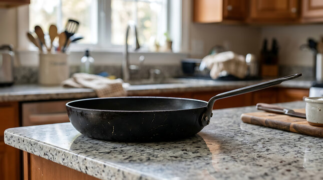 Black nonstick frying pan on kitchen countertop.