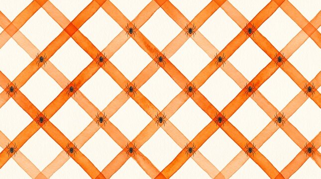 Seamless pattern with orange watercolor stripes and black spiders, festive halloween background
