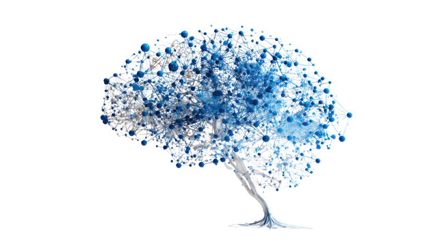 Human brain shaped like a tree with glowing blue neural network nodes and connections, artificial intelligence machine technology concept on White background