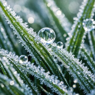 Macro frost crystals and clear water droplets sparkling on green grass in cold winter light