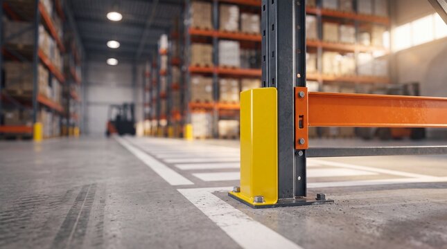 Warehouse safety and rack protection concept. Yellow upright protector guard on metal shelving post. Industrial storage facility with blurred forklift. Logistics center safety gear