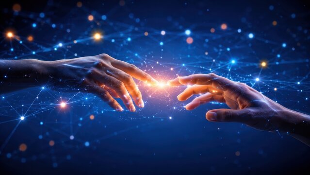 Human hands reaching toward glowing digital connection across futuristic network background