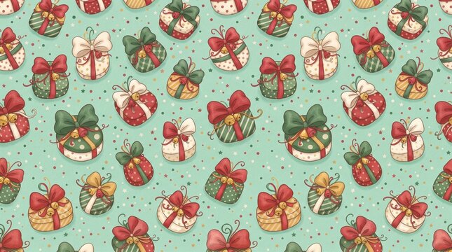 Seamless christmas pattern with gift boxes and bells on a light green background