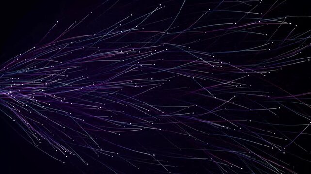Abstract particle network visualization with glowing fiber optic data streams flowing horizontally across dark space.