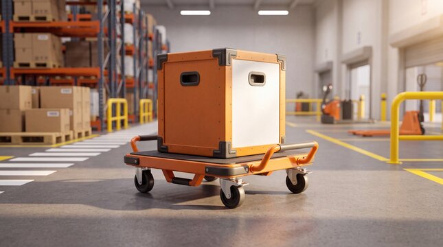Warehouse logistics and parcel delivery concept photo. Orange cargo box on a metal trolley with wheels in a distribution center. Industrial storage facility with shelves and floor