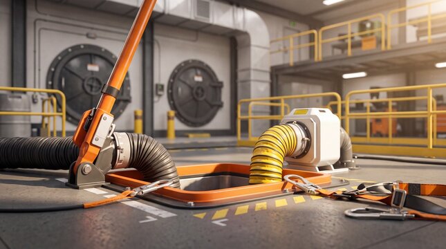 Industrial confined space entry equipment. Air ventilation hoses and safety tripod system at a maintenance hatch. Factory interior with pressure doors and yellow safety handrails
