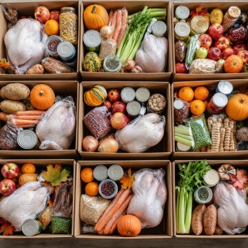 Thanksgiving food donation boxes filled with turkey vegetables fruit and pantry supplies