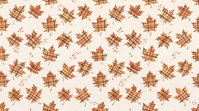Seamless pattern with autumn maple leaves in plaid design on a textured cream background