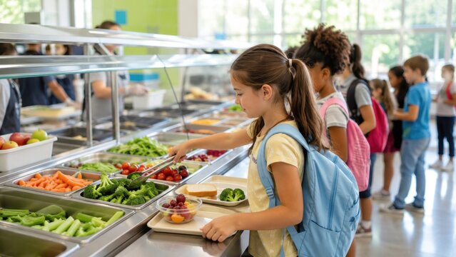 Schoolgirl choosing fresh vegetables for a healthy lunch in a bright school cafeteria