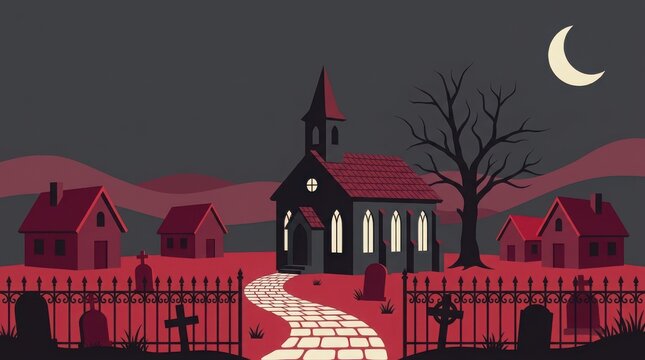 Mysterious church at night with moon and silhouettes on brick path isolated on white background, Vector, illustration