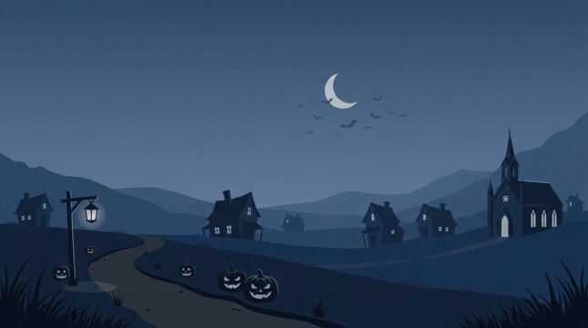 Spooky halloween village scene with jack o lanterns under moonlight isolated on white background, Vector, illustration