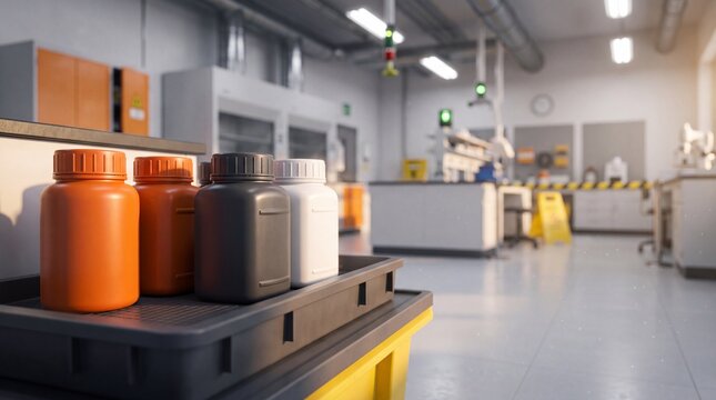 Chemical laboratory storage bottles in orange black and white colors. Plastic containers for industrial research. Modern pharmaceutical facility with scientific equipment and lab tools