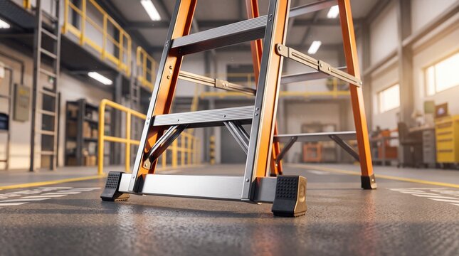 Industrial orange ladder in a large warehouse. Metal step ladder on a concrete floor with yellow safety lines. Professional storage facility with shelves and bright ceiling lights
