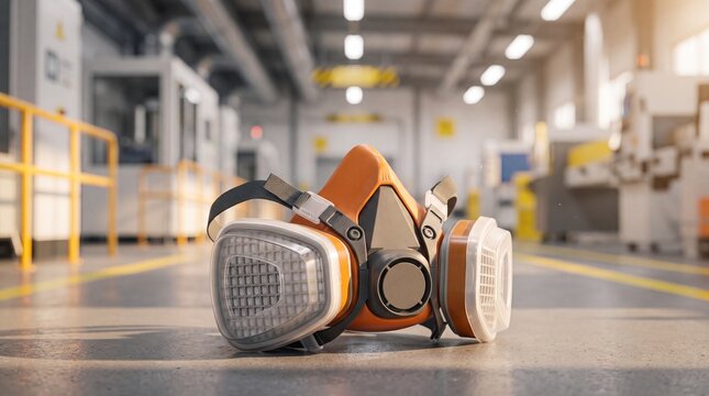 Industrial respirator mask on factory floor. Orange and grey personal protective equipment for breathing safety. Professional gas mask gear in blurred manufacturing plant environment