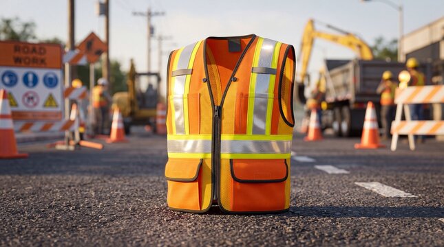 High visibility safety vest on asphalt road. Orange reflective waistcoat with silver stripes. Construction site background with yellow excavator and traffic cones. Roadwork concept