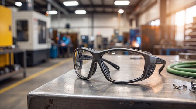 Safety glasses on a metal workbench in a factory. Protective eyewear for industrial work. Black frames with clear lenses. Blurred workshop background with machinery and equipment