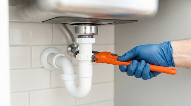 Close up of plumber hand in blue glove using adjustable wrench to repair kitchen sink drain pipe. Home plumbing maintenance and water leak fix service. Handyman installing p trap under sink