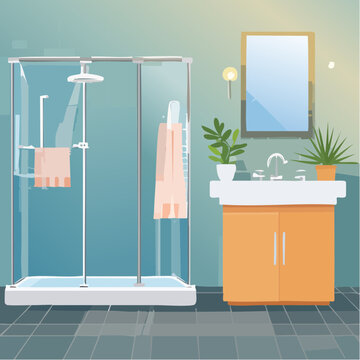 Salle de bain moderne, douche vitr&eacute;e et meuble lavabo contemporain