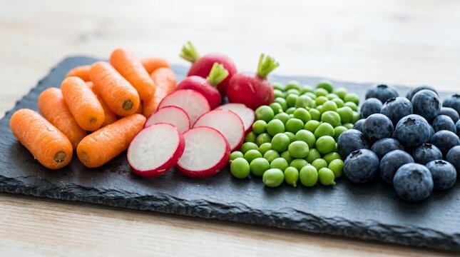 Fresh raw vegetables and blueberries on slate board. Baby carrot with sliced radish and green pea. Healthy eating, vegan diet and organic food concept for nutritional meal