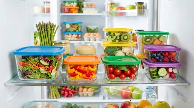 Glass meal prep containers with fresh vegetable and fruit salad stored in refrigerator. Healthy diet food storage and balanced nutrition concept. Weekly lunch box organization for clean eating