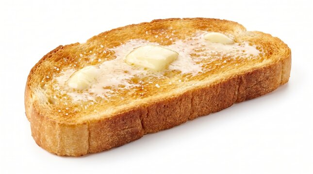 Golden brown toasted bread slice with melting butter on white background. Simple breakfast food and morning snack concept. Delicious bakery product for cafe menu and diet
