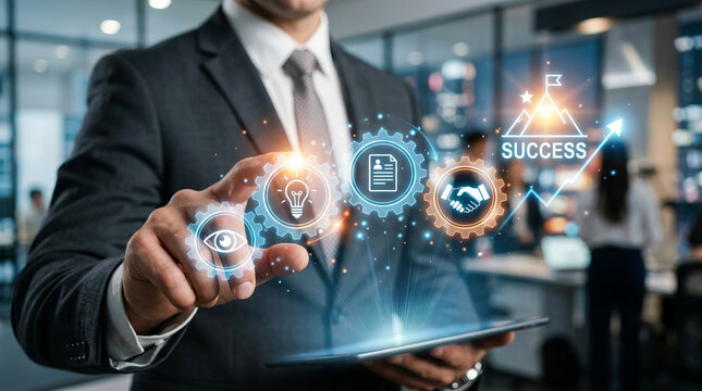 Business success and strategic planning innovation with businessman touching glowing virtual gears on tablet