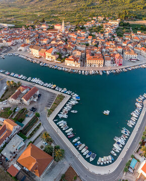 croatia, the island of hvar in dalmatia. a bird's-eye view of stari grad. the town on the adriatic sea at sunrise.