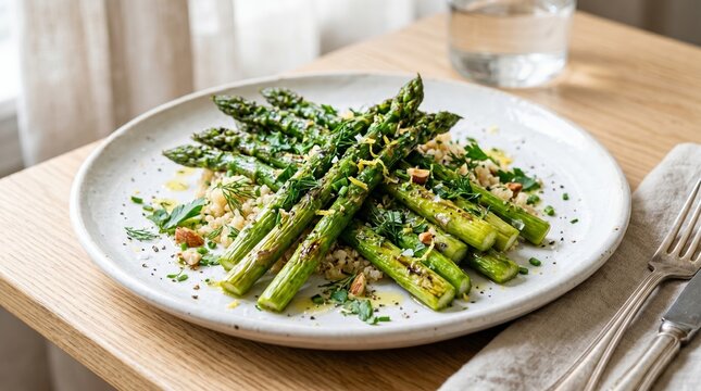 Grilled green asparagus with quinoa, herbs, lemon zest and almond on white plate. Healthy vegan dinner with seasonal vegetable. Vegetarian clean eating and diet nutrition concept