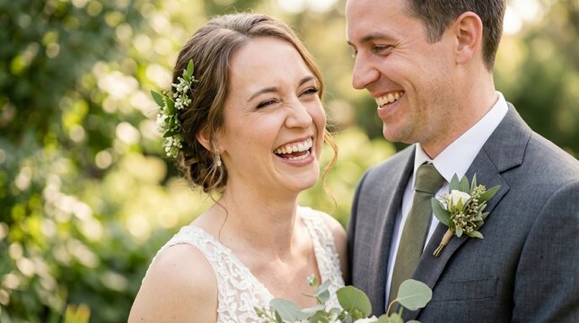 Happy bride and groom laughing together outdoors on wedding day. Joyful newlywed couple celebrating marriage ceremony in garden. Love romance and happiness concept