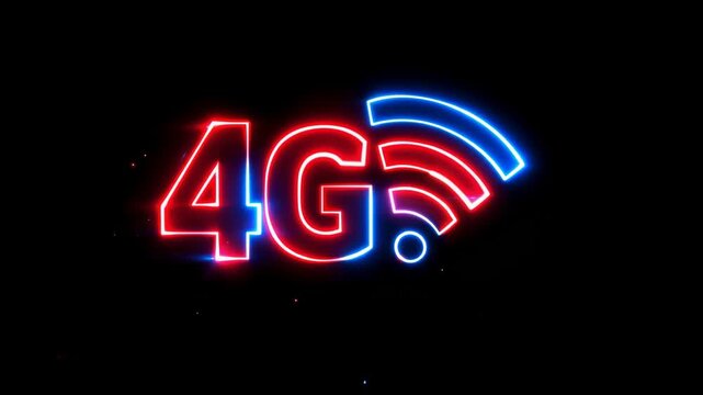 Glowing 4G wireless network symbol with neon signal icon isolated on black background